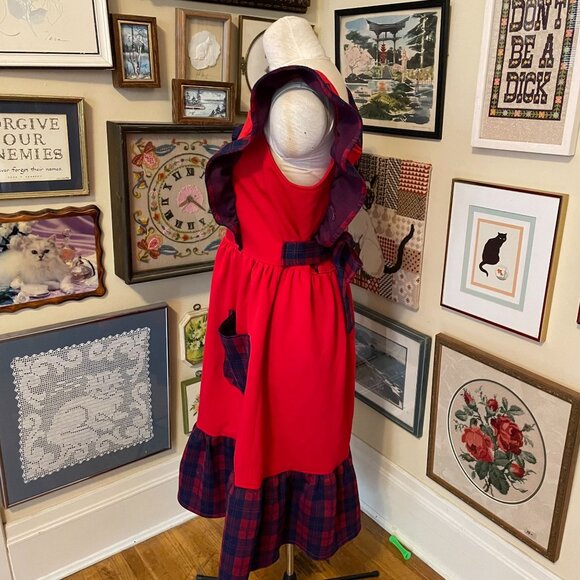 70s Vintage Red & Blue Plaid Polyester Ruffled Pinafore Apron Dress With Pockets - Picture 2 of 3